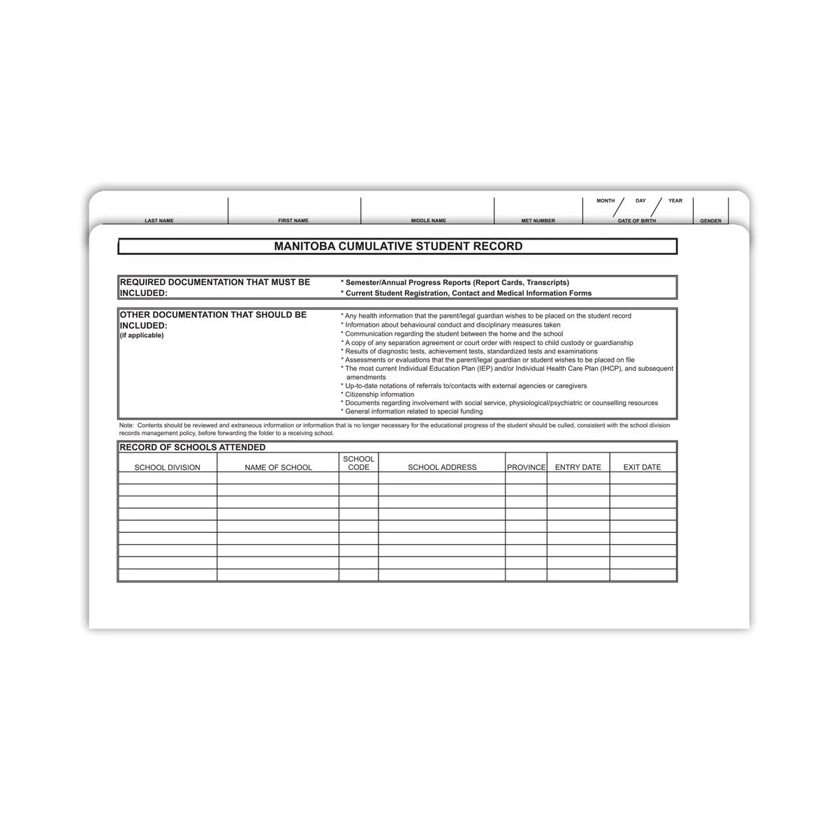 Show details for Manitoba Cumulative Student Record Folder